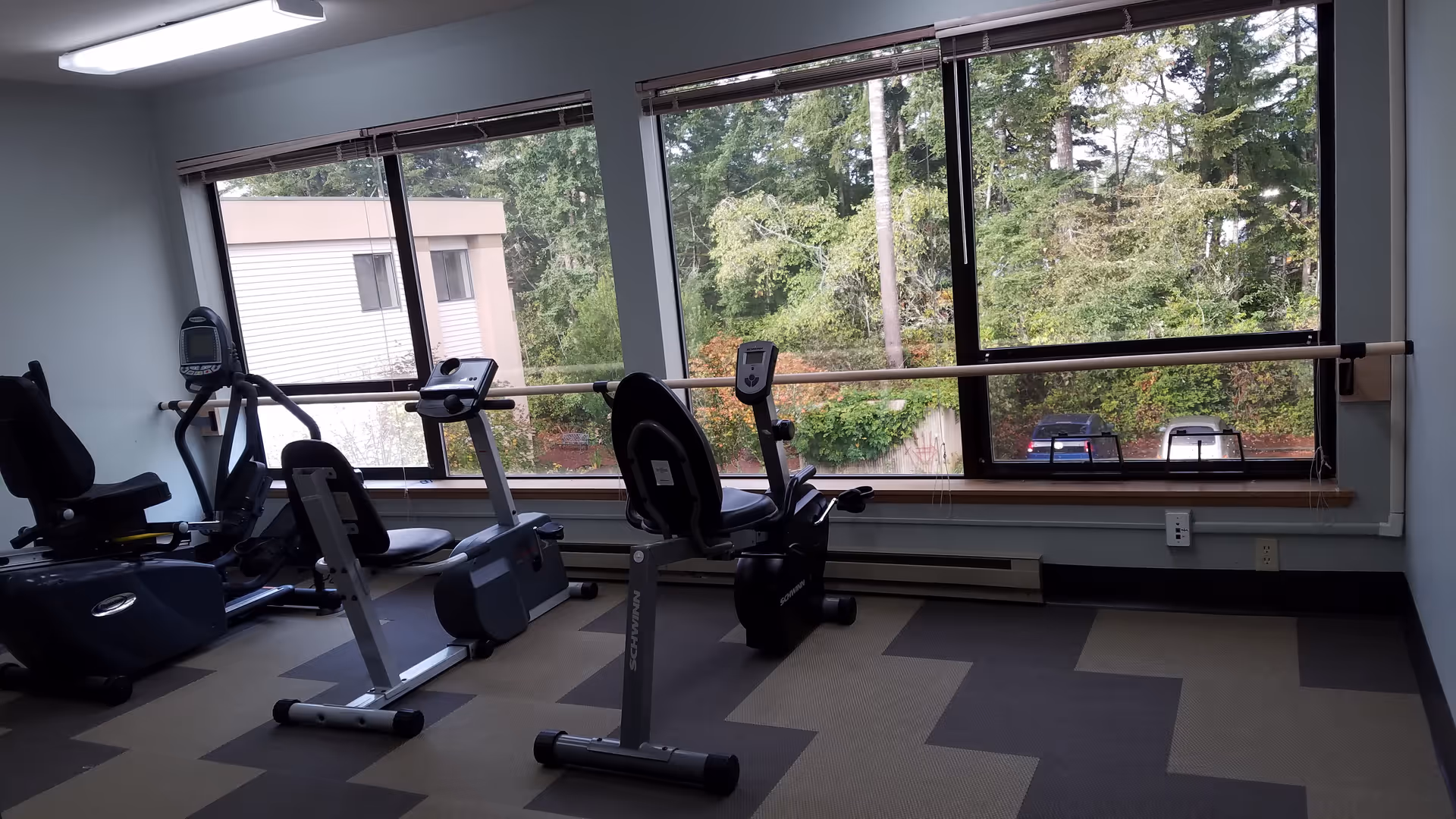 A small exercise room with three stationary recumbent bikes positioned in front of large windows that overlook trees and a building. The room has a patterned carpet floor and a ballet barre mounted along the wall beneath the windows.