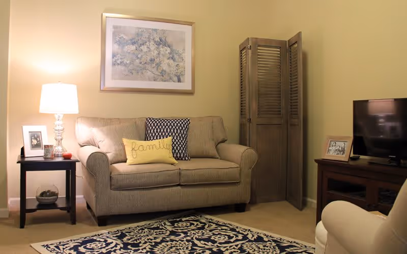 A cozy living room with a beige loveseat adorned with two decorative pillows, one yellow with the word 'family' and one black and white patterned. To the left is a small black side table with a lamp, a framed photo, and a small plant underneath. On the right side, there is a wooden TV stand with a flat-screen TV and a framed photo. A decorative folding screen stands in the corner behind the loveseat. The room has light yellow walls and a patterned blue and white rug on the floor.