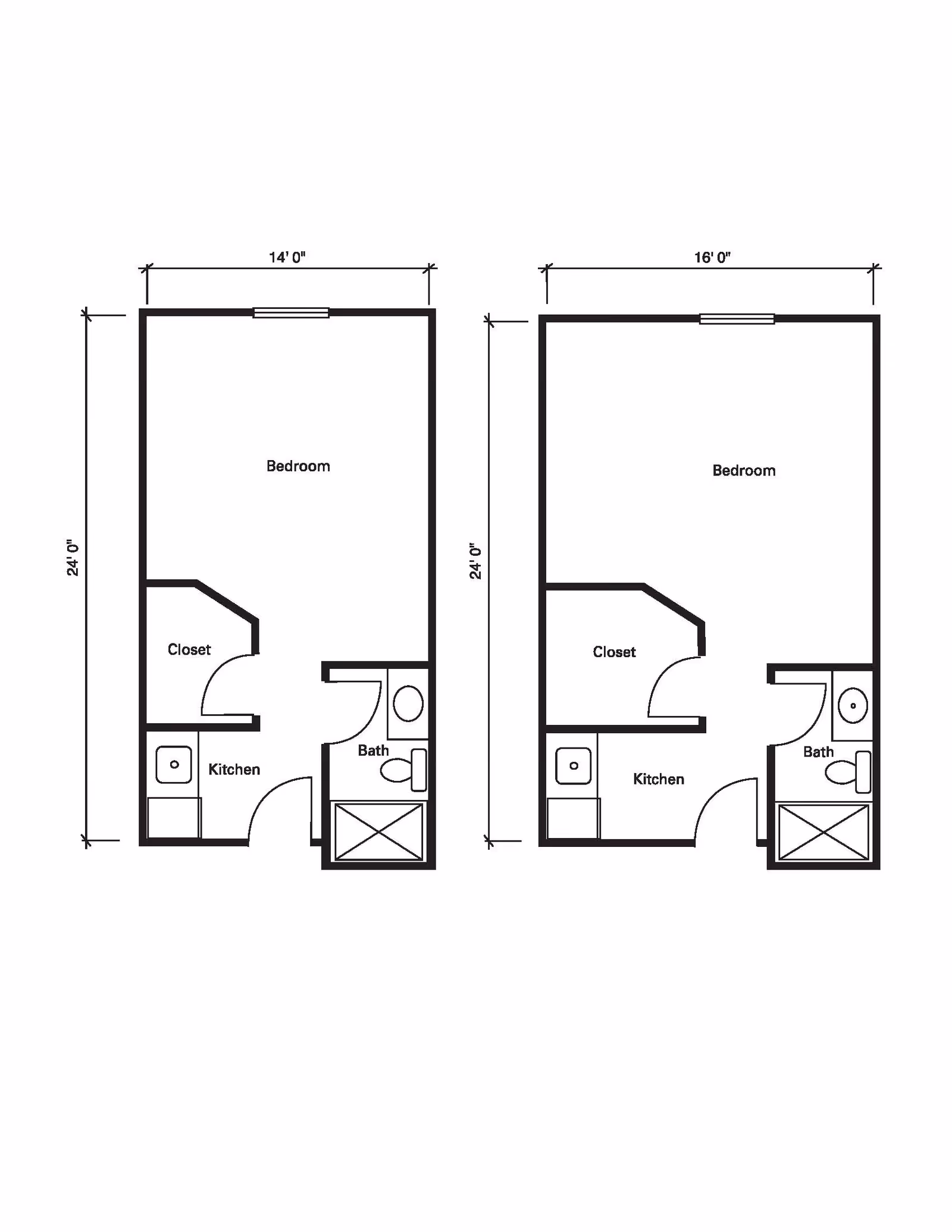 Architectural floor plan showing two studio apartment layouts side by side. Each layout includes a bedroom, closet, kitchen, and bathroom. Dimensions are marked with the left unit measuring 14 feet by 24 feet and the right unit measuring 16 feet by 24 feet.