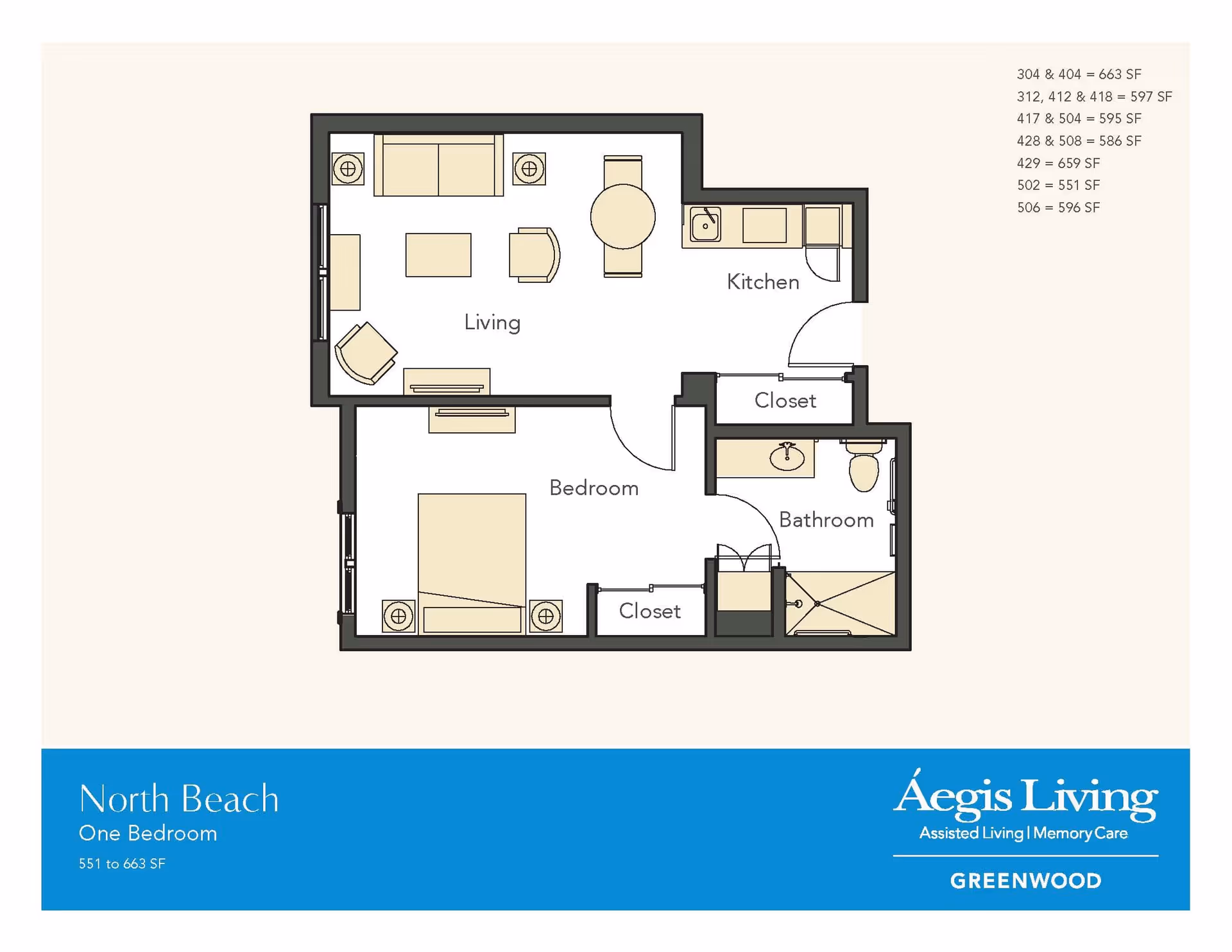 Floor plan of a one-bedroom apartment named North Beach at Aegis Living Greenwood, showing a living room with sofa, chairs, and table, a kitchen area, a bedroom with a bed and closets, and a bathroom with a sink, toilet, and shower.