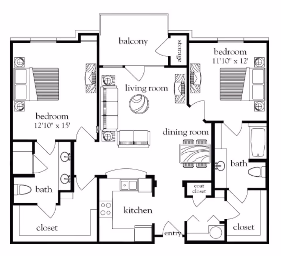 Floor plan of a two-bedroom apartment featuring a balcony, living room, dining room, kitchen, two bathrooms, closets, and storage areas.