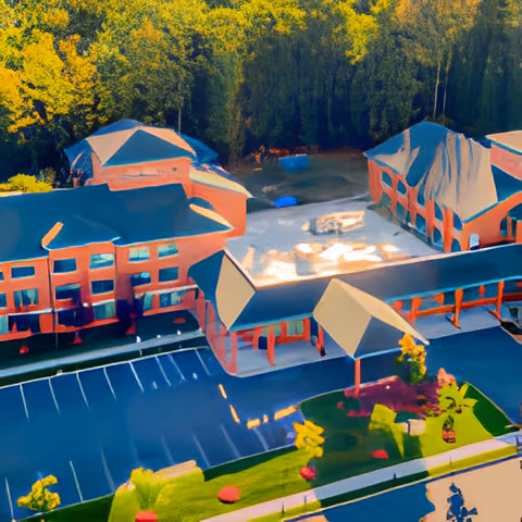 Aerial view of The Brielle senior living facility showing multiple connected buildings with pitched roofs, surrounded by trees and greenery. There is a parking lot in front of the buildings and landscaped areas with grass and small shrubs.