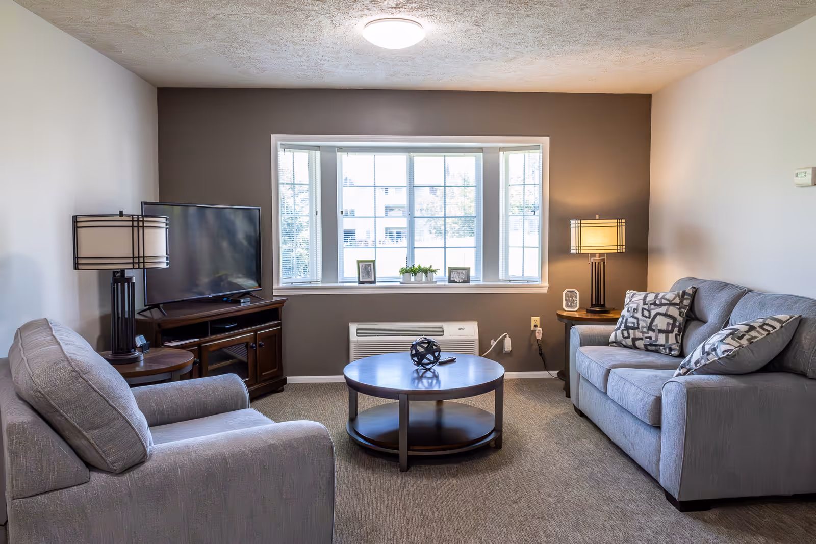 Well-lit living room with two gray sofas, a round coffee table, a TV on a stand, and a large window.