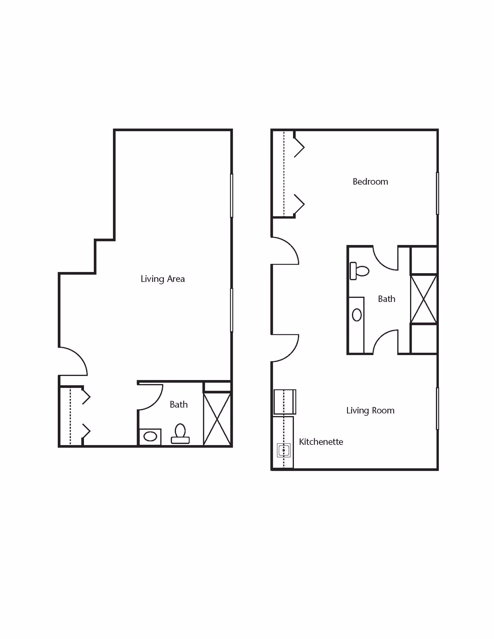 Architectural floor plan showing two layouts. The left layout includes a living area and a bathroom. The right layout includes a bedroom, bathroom, living room, and kitchenette.