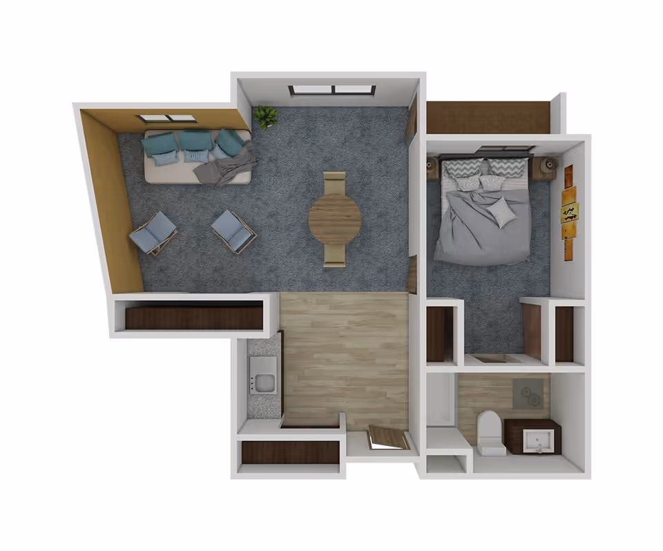 3D floor plan of a senior living apartment featuring a living room with a sofa and two chairs, a dining area with a round table and two chairs, a bedroom with a bed and nightstands, a kitchen area with a sink, and a bathroom with a toilet, sink, and shower.