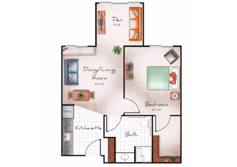 Floor plan of a senior living apartment at Orchard Pointe at Terrazza showing a den with an orange sofa, a combined dining and living room with blue sofa and dining table, a bedroom with a green bed, a kitchenette, and a bathroom.