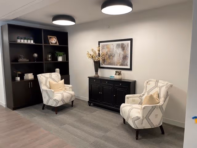 A cozy sitting area with two patterned armchairs facing each other, each with a beige pillow. Behind one chair is a black shelving unit with decorative items and plants. Between the chairs is a black sideboard with a vase of flowers, a decorative jar, and a framed abstract painting on the wall above. The room has neutral-colored walls and carpeted flooring with overhead circular lights.