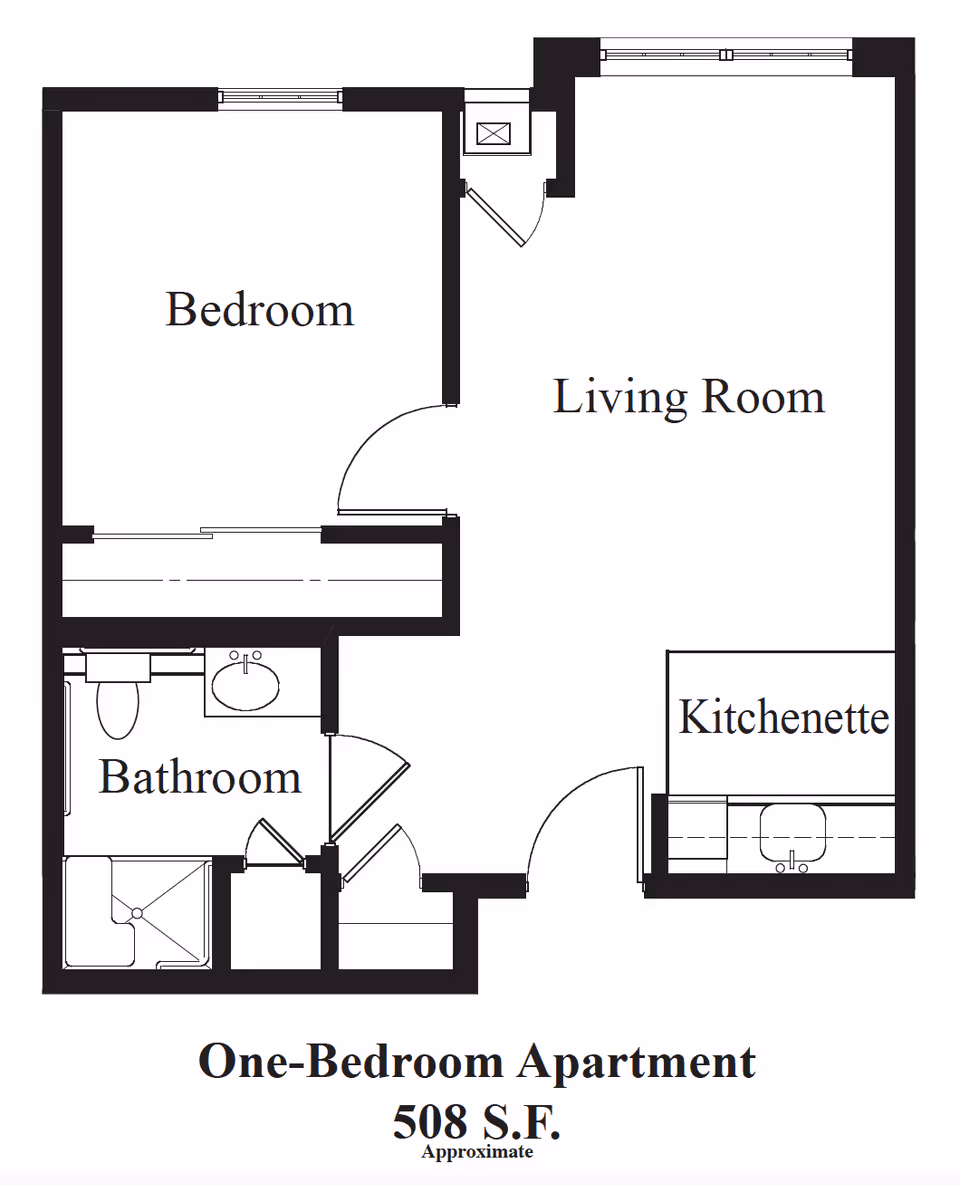Black-and-white floor plan diagram of a one-bedroom, 508 sq. ft. apartment showing a bedroom, living room, kitchenette, and bathroom.