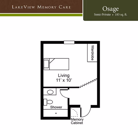 Floor plan titled 'Osage' for a semi-private 183 sq. ft. unit showing a living area (11' x 10'), wardrobe, bathroom with shower and toilet, and a memory cabinet.