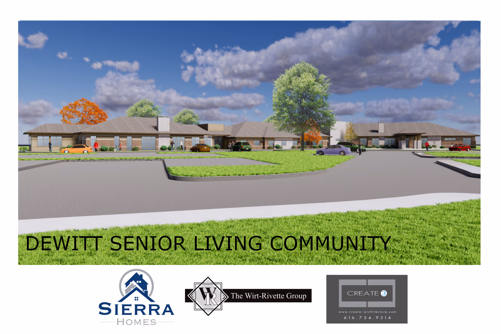 Rendering of a single-story senior living community building with a large driveway and green lawn in front. Several people and cars are visible near the building. The sky is partly cloudy with some trees around the building.