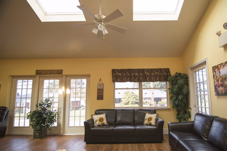 A bright living room with yellow walls, two black leather sofas with sunflower-patterned pillows, a large window with a patterned valance, two glass doors, a ceiling fan, and two potted plants.