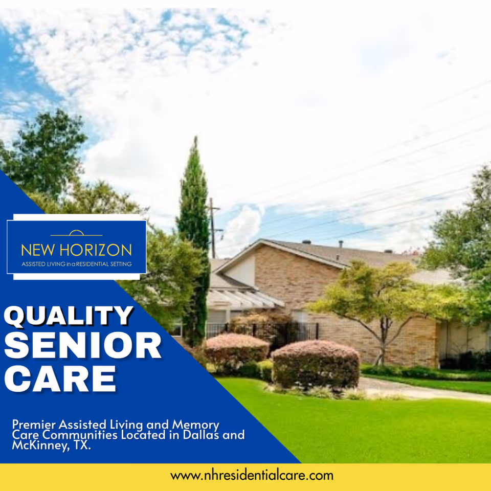 Exterior view of a senior living facility building with a well-maintained lawn, bushes, and trees under a partly cloudy sky.