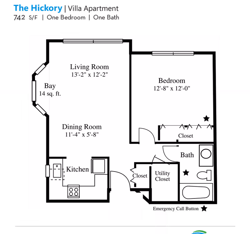 Floor plan of The Hickory Villa Apartment at Evergreen Woods, showing a one-bedroom, one-bath layout with a living room, dining room, kitchen, bedroom, bathroom, utility closet, and closets. Dimensions for each room are included.