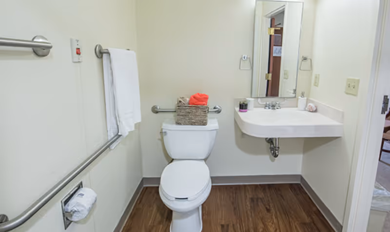 A clean and accessible bathroom with a white toilet and a wall-mounted sink. There are stainless steel grab bars on the walls, a towel hanging on one of the bars, and a basket with towels placed on top of the toilet tank. The floor has wood-like flooring, and a mirror is mounted above the sink.
