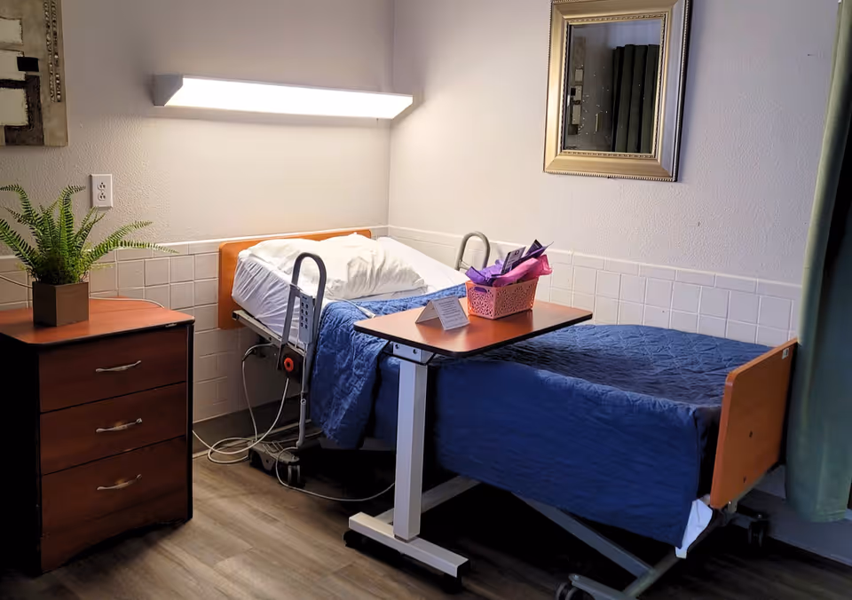 A nursing facility room with a hospital-style bed, overbed table, bedside dresser and a potted plant.