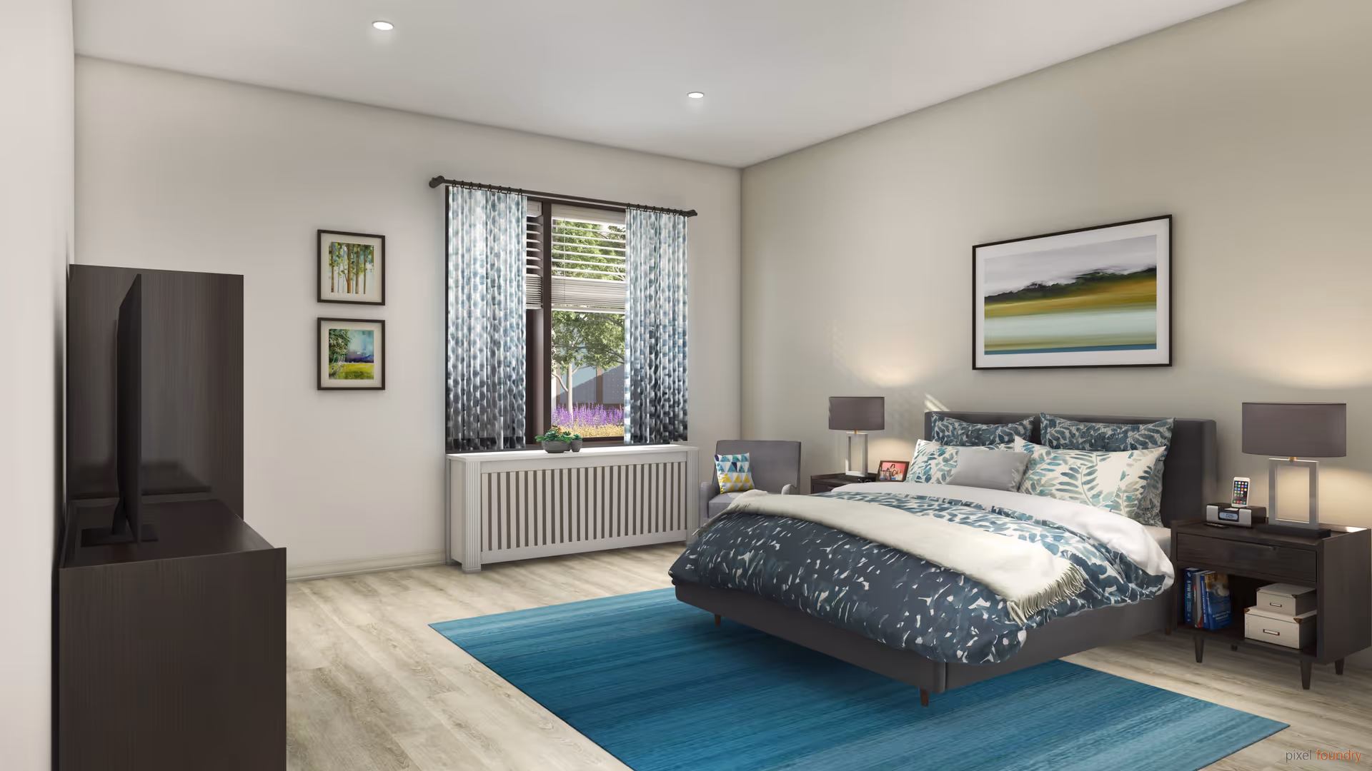 A modern and cozy bedroom with a large bed featuring blue and white patterned bedding, two bedside tables with lamps, a blue area rug, a window with patterned curtains, a dark wood TV stand with a flat-screen TV, and framed artwork on the walls.