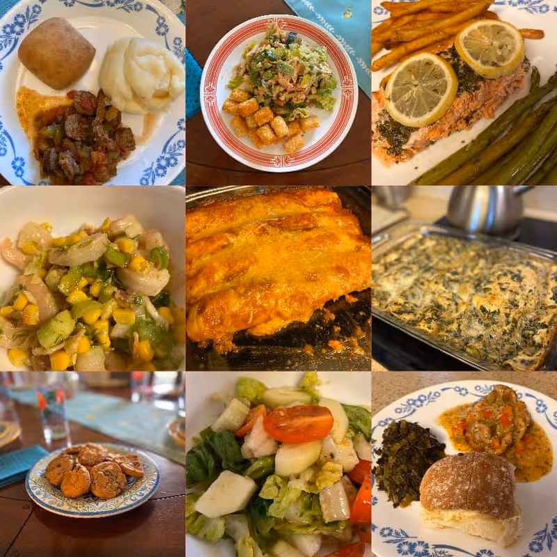 A collage of nine images showing various plated meals and dishes including mashed potatoes with a bread roll and stew, a salad with croutons, baked salmon with lemon slices and asparagus, a corn and vegetable salad, cheesy baked enchiladas, a spinach casserole, a plate of cookies, a mixed vegetable salad, and a plate with greens, a bread roll, and a meat dish.