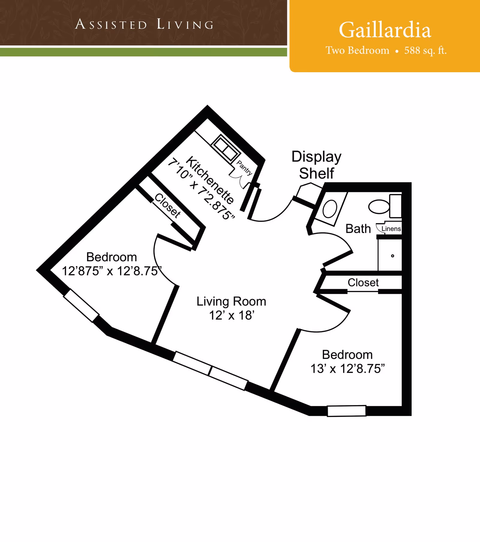 Floor plan of Gaillardia assisted living unit at Green Country Village, showing two bedrooms, a living room, kitchenette, bath, closets, pantry, and display shelf with dimensions.