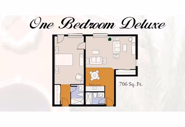 Floor plan layout of a one bedroom deluxe apartment with a total area of 706 square feet, showing a bedroom, living room, kitchen, and two bathrooms.