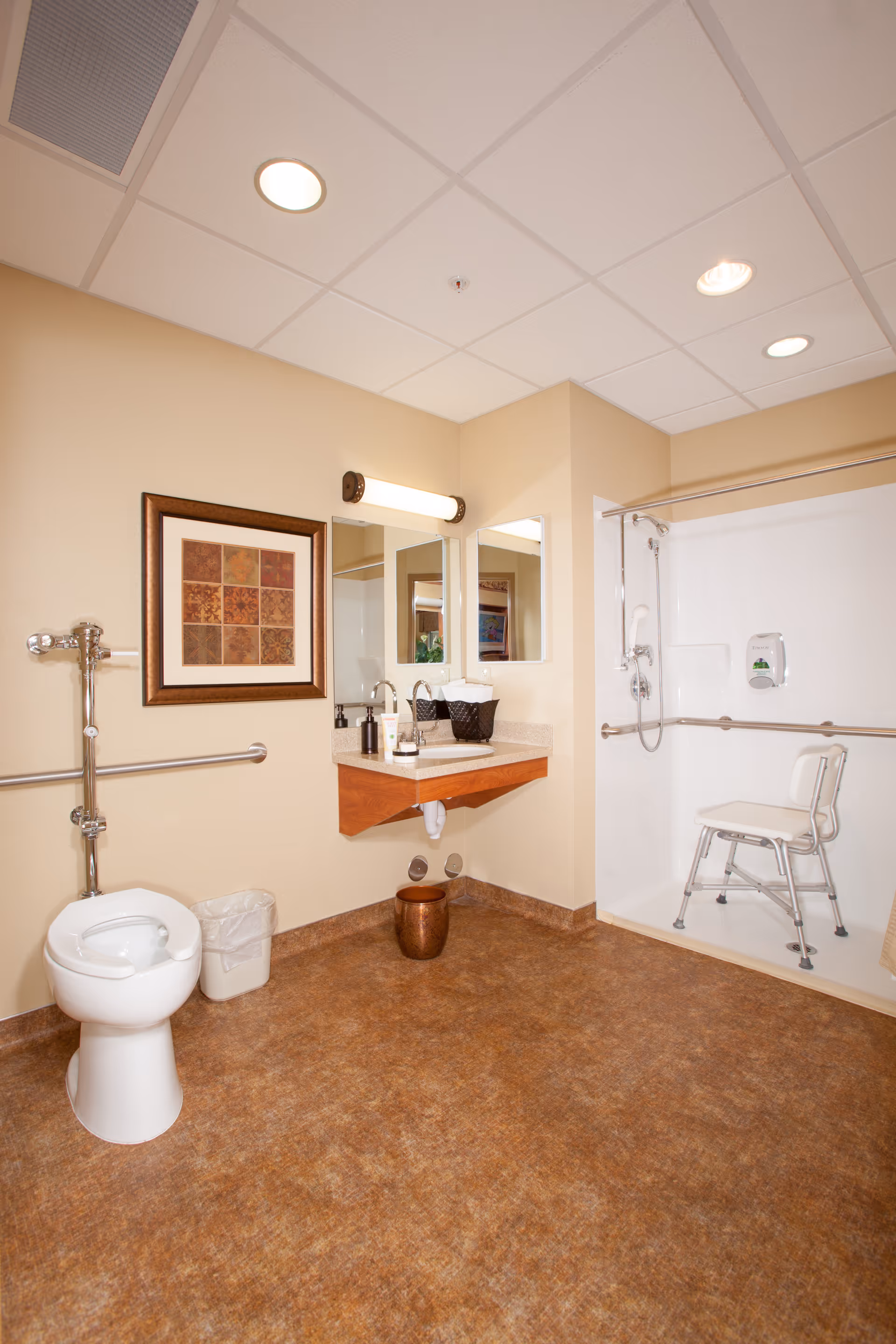 A spacious, accessible bathroom with a white toilet, a small trash bin, a wall-mounted sink with a mirror above it, and a walk-in shower equipped with a shower chair and grab bars. The walls are beige, and there is a framed artwork on the wall next to the toilet. The floor has a brown textured finish, and the ceiling has recessed lighting.