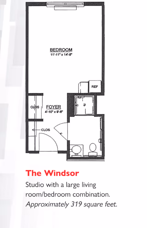 Floor plan of a studio apartment named The Windsor at Berkshire Commons, showing a combined bedroom and living room area measuring 11 feet 11 inches by 14 feet 8 inches, a foyer with two closets, a bathroom with a toilet and sink, and a small kitchenette area with a refrigerator.