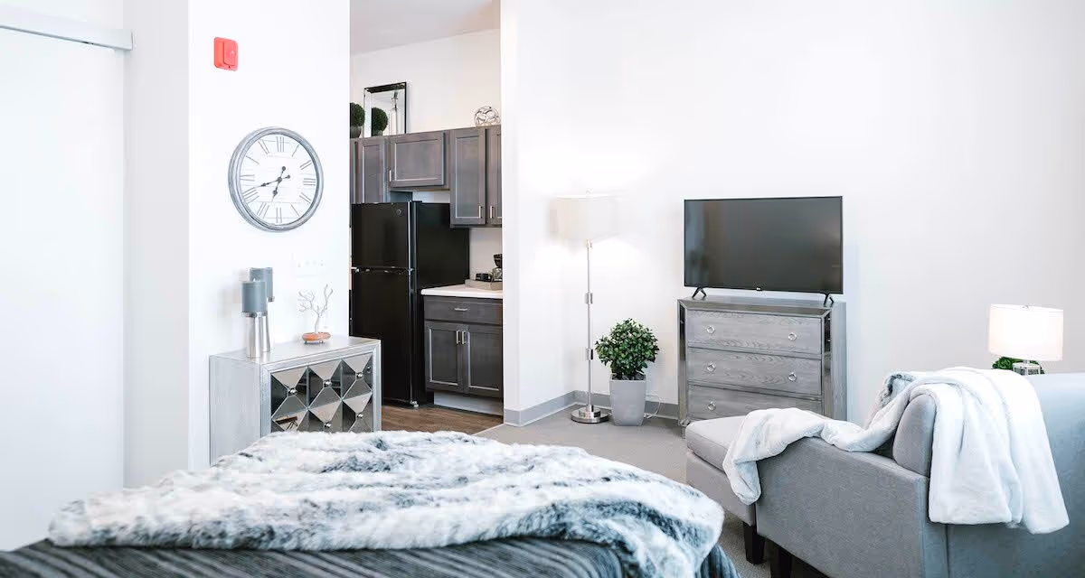 A bright and modern living area featuring a gray sofa with a white throw blanket, a gray dresser with a flat-screen TV on top, a floor lamp, and a potted plant. In the background, there is a small kitchen with dark cabinets and a black refrigerator. A mirrored cabinet with decorative items and a large wall clock are visible on the left side.