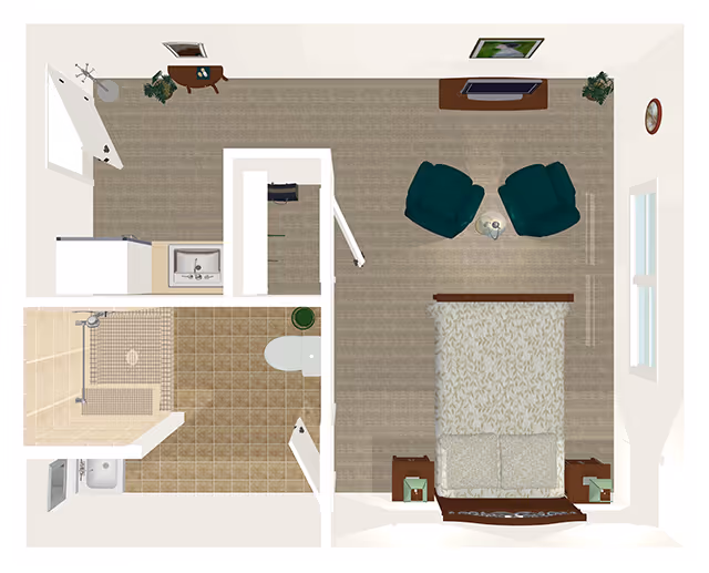 Top-down view of a studio apartment floor plan featuring a combined living and sleeping area with a bed, two armchairs, a TV on a stand, and a small table. The apartment also includes a kitchen area with a sink and refrigerator, and a bathroom with a shower, toilet, and sink.