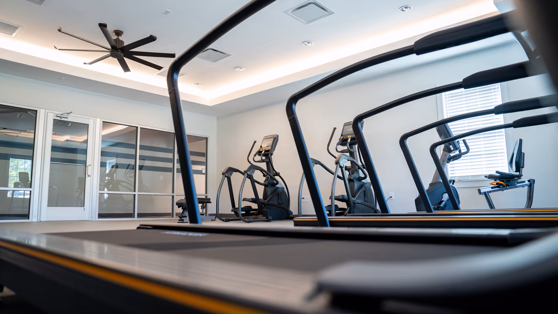 A bright fitness room with treadmills and other cardio equipment facing glass doors and windows.