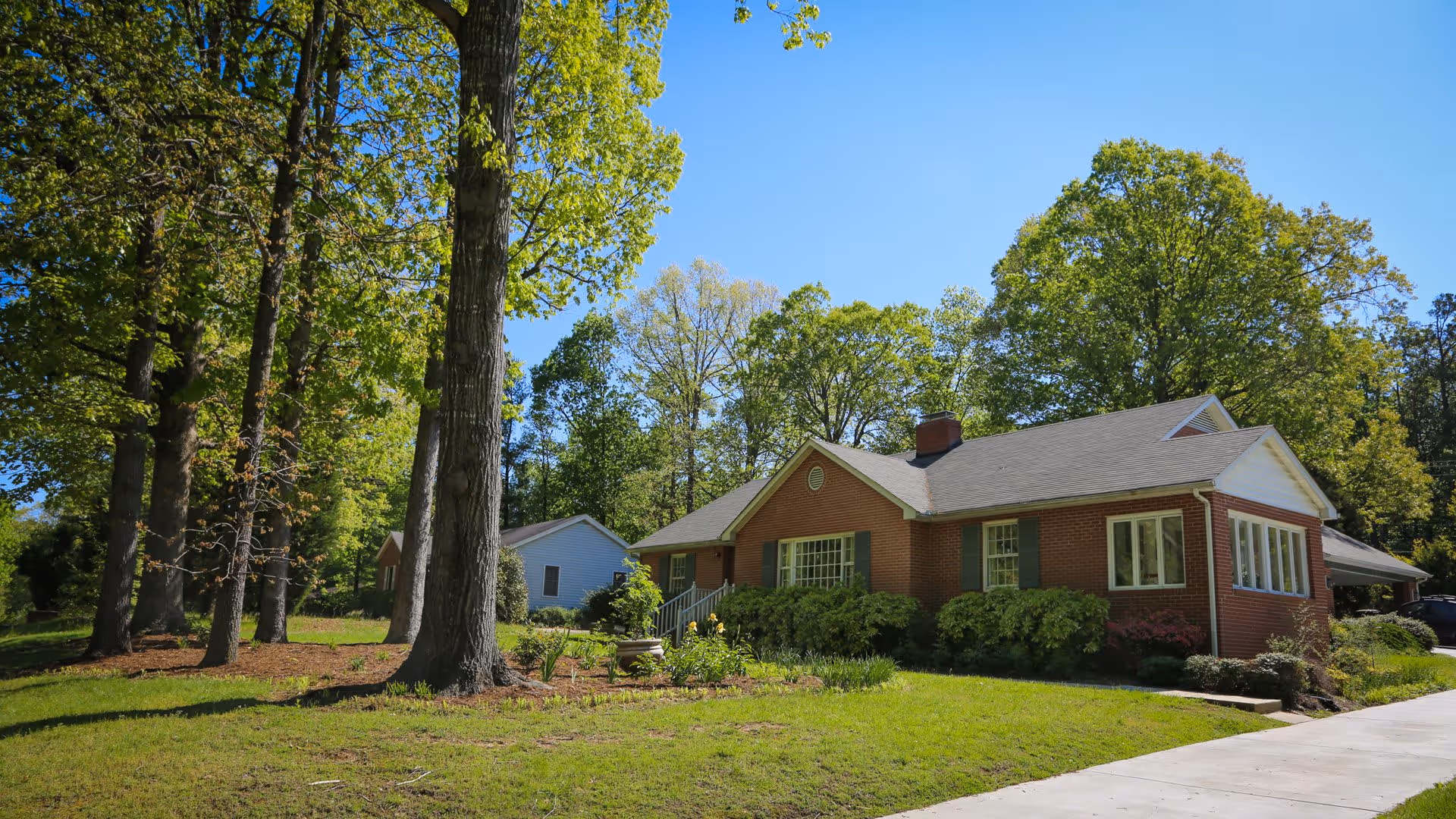 A single-story brick house with green shutters surrounded by lush green trees and bushes under a clear blue sky. There is a concrete driveway on the right side and a small garden with flowers in front of the house.