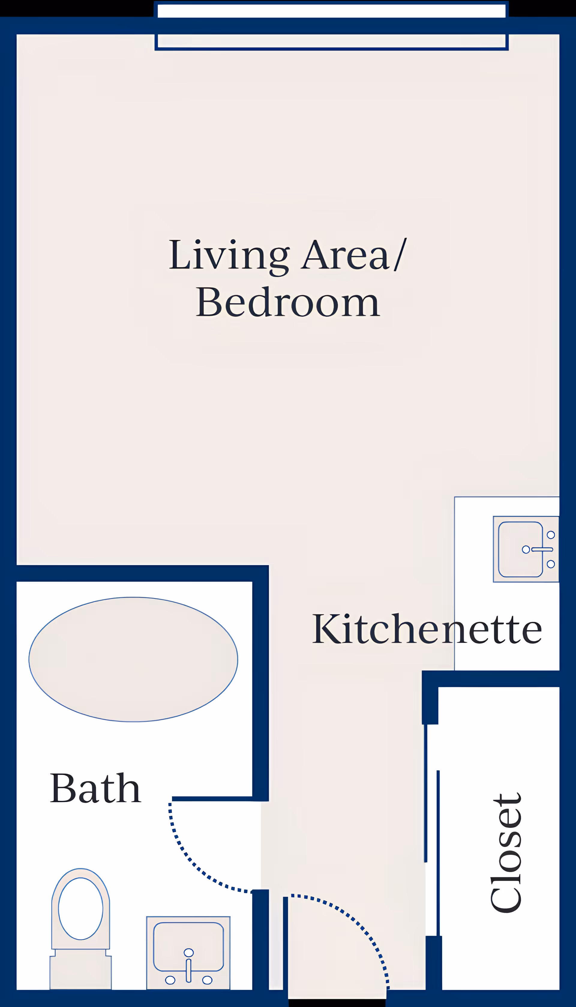 Floor plan layout of a small living space labeled with areas for Living Area/Bedroom, Kitchenette, Bath, and Closet. The Bath includes a toilet, sink, and bathtub. The Kitchenette has a sink. The Closet is adjacent to the Kitchenette.