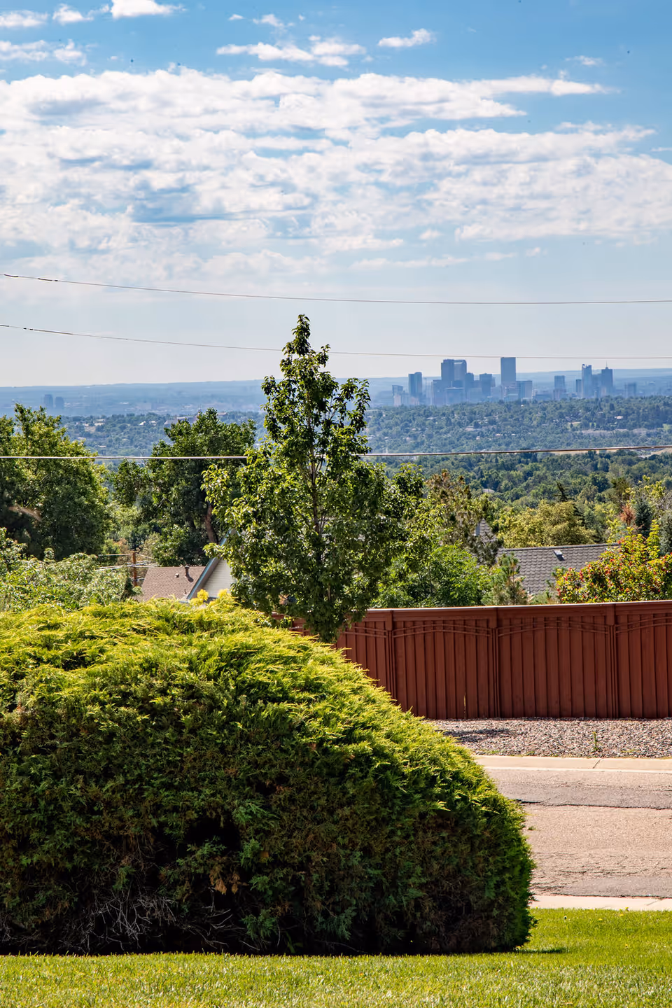 View of a suburban neighborhood with green bushes and trees in the foreground, a red wooden fence, and a distant city skyline under a partly cloudy blue sky.