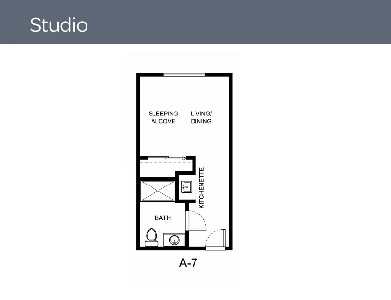 Black-and-white studio apartment floor plan labeled A-7 showing a sleeping alcove, living/dining area, kitchenette, and bathroom.