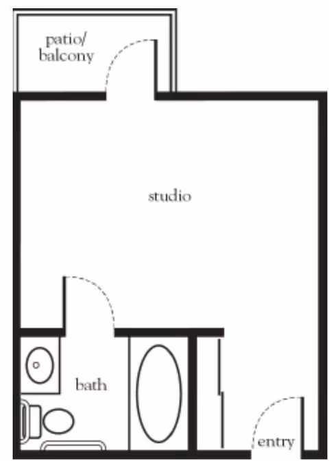 Floor plan of a studio apartment featuring an entryway, a combined studio living space, a bathroom with a toilet, sink, and bathtub, and a patio or balcony accessible from the studio area.