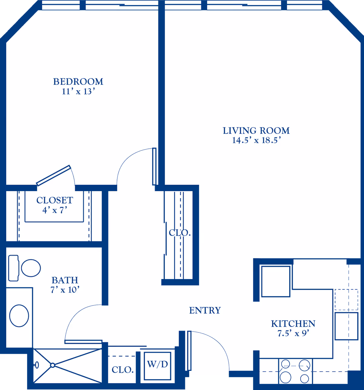 Architectural floor plan of a living space showing a bedroom measuring 11 by 13 feet, a closet measuring 4 by 7 feet, a bathroom measuring 7 by 10 feet, a living room measuring 14.5 by 18.5 feet, an entry area, a kitchen measuring 7.5 by 9 feet, and additional closets and washer/dryer space.