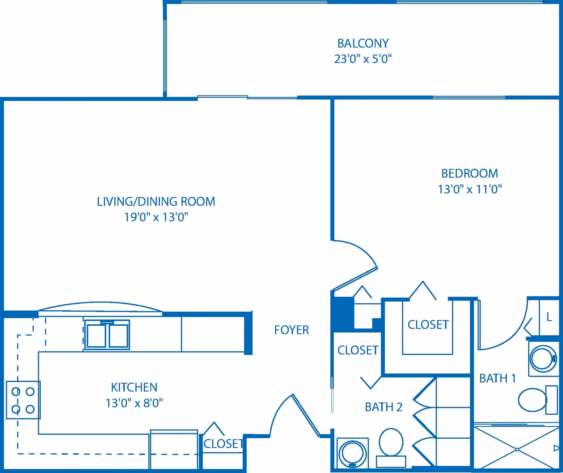 Architectural floor plan of an apartment unit at Vi at Lakeside Village showing a living/dining room, kitchen, bedroom, two bathrooms, closets, foyer, and a balcony.