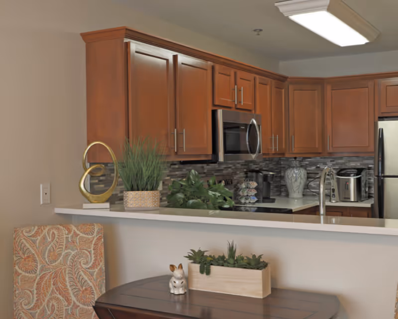 Modern kitchen with wooden cabinets, stainless steel microwave and refrigerator, a countertop with a sink, and decorative plants. A patterned chair and a small table with a wooden planter and a small rabbit figurine are visible in the foreground.