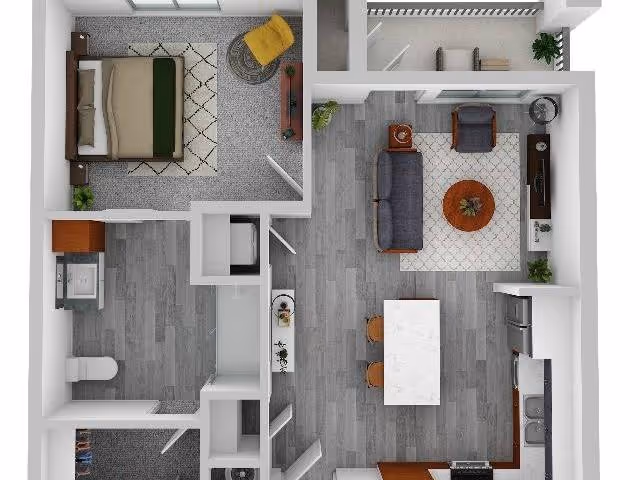Top-down view of a one-bedroom apartment floor plan showing a bedroom with a bed and chair, a bathroom with a toilet and sink, a living room with a sofa, armchair, coffee table, and TV, and a kitchen area with an island and stools.