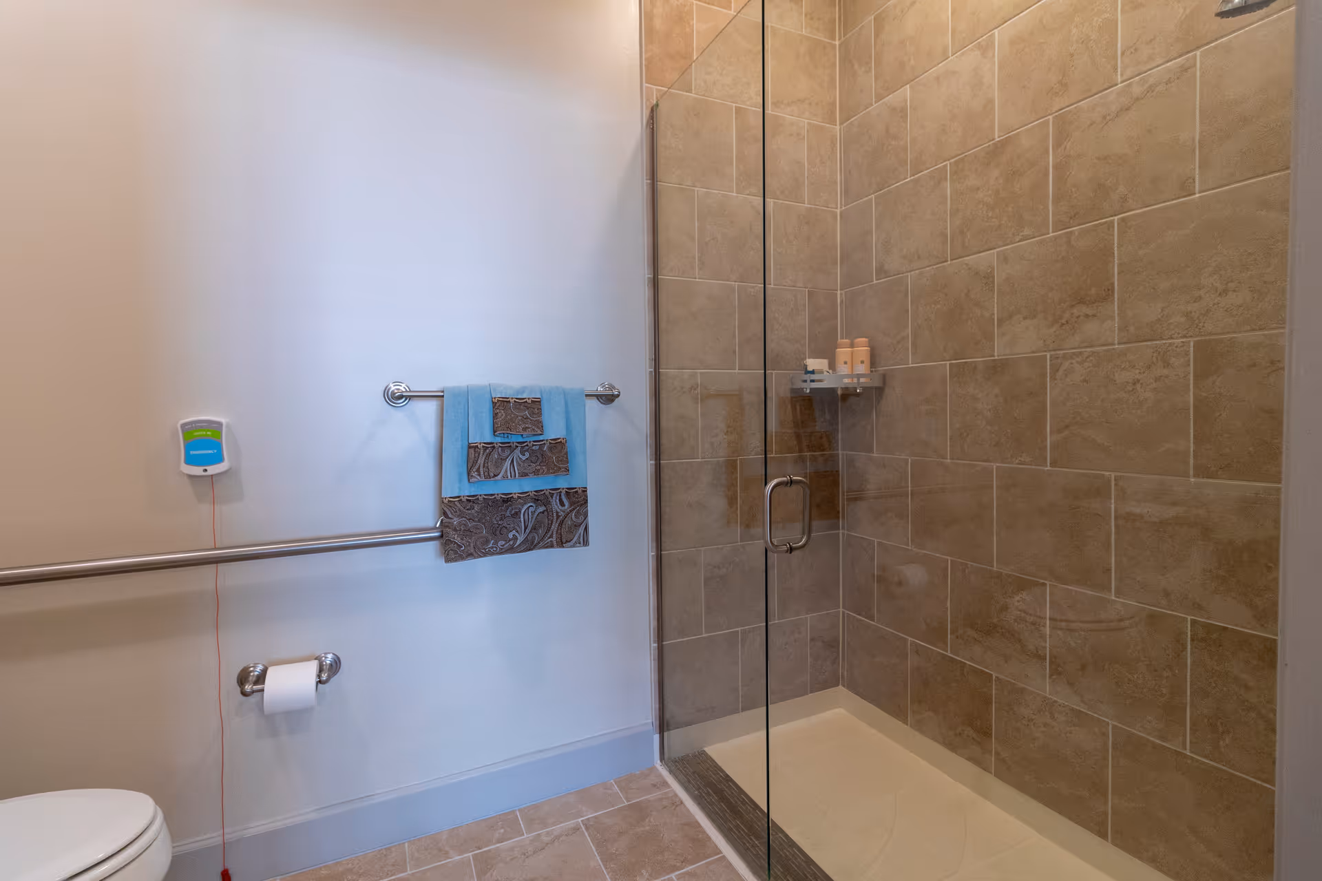 Modern bathroom with a glass-enclosed tiled shower, towel on a wall-mounted bar, grab bar, and toilet paper holder.