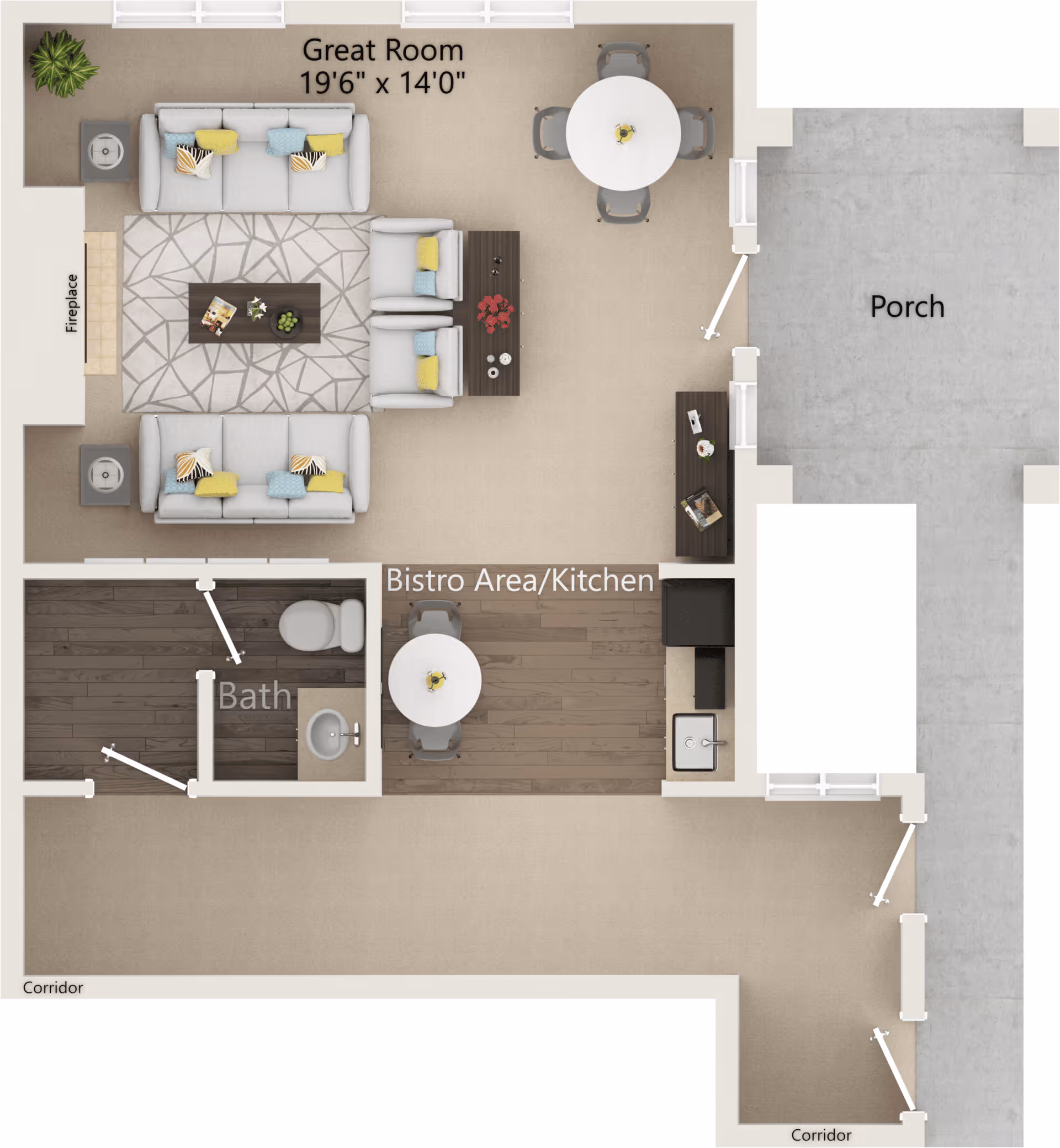 Floor plan of a living space featuring a great room with two sofas, two armchairs, a coffee table, and a fireplace. Adjacent to the great room is a bistro area/kitchen with a round dining table and two chairs, a sink, and kitchen appliances. There is a bathroom with a toilet and sink next to the kitchen. The layout also includes a porch and corridors.