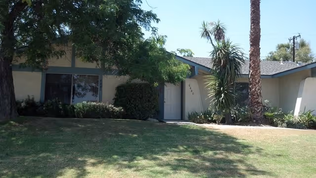 Single-story residential building with a front door, window, and surrounding greenery including trees and bushes under a clear blue sky.