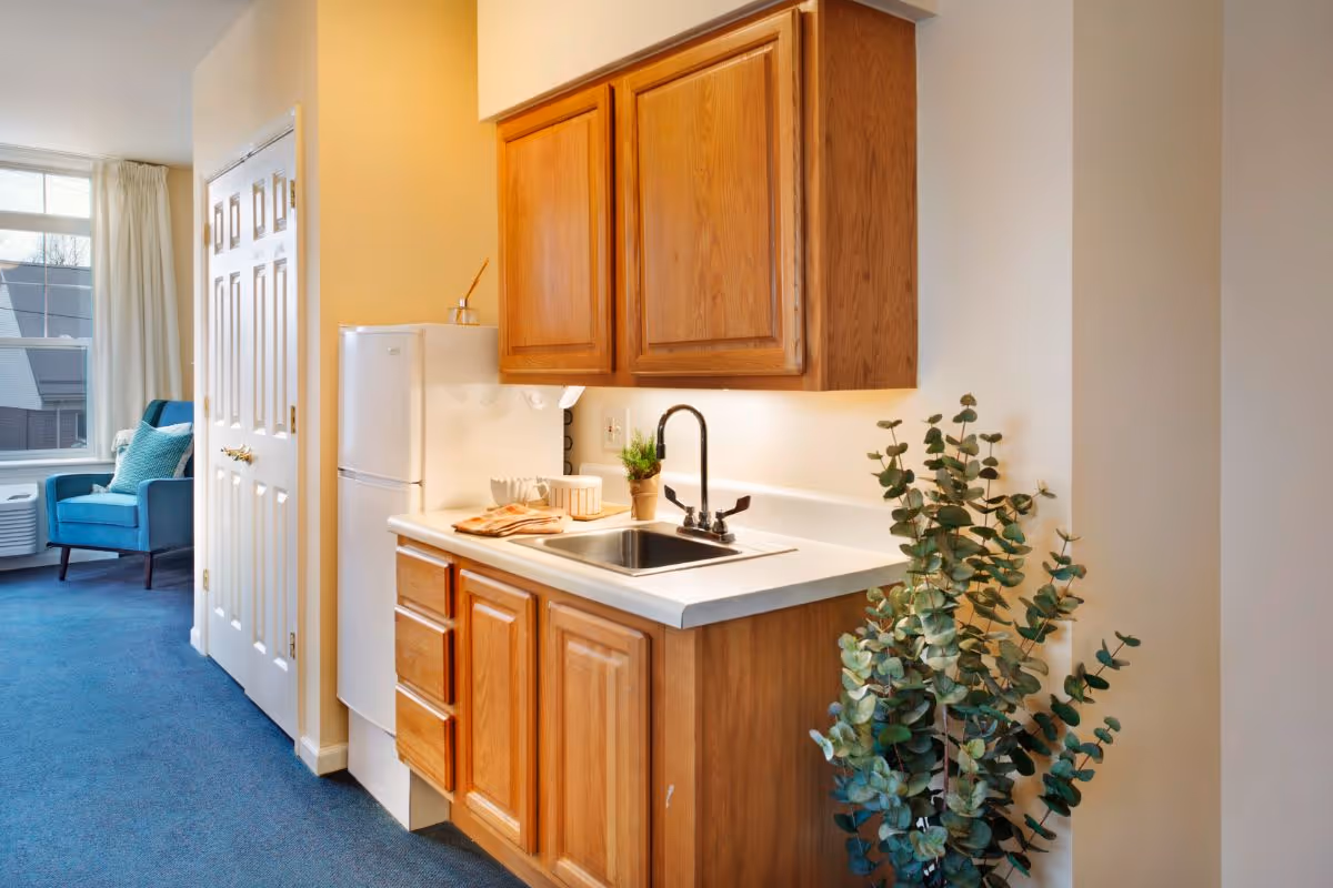 Small kitchenette with wooden cabinets, a sink, mini refrigerator and a potted plant, opening to a sitting area with a blue chair.