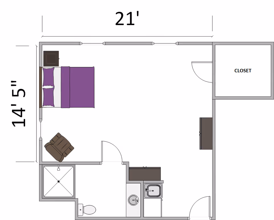 Floor plan of a room measuring 21 feet by 14 feet 5 inches, featuring a bed with purple bedding, a chair, a bathroom with a shower and toilet, a sink area, and a closet.