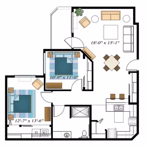 Floor plan of a residential unit showing two bedrooms, a living room with seating and a dining table, a kitchen with appliances and a breakfast bar, and a bathroom with a shower, sink, and toilet.