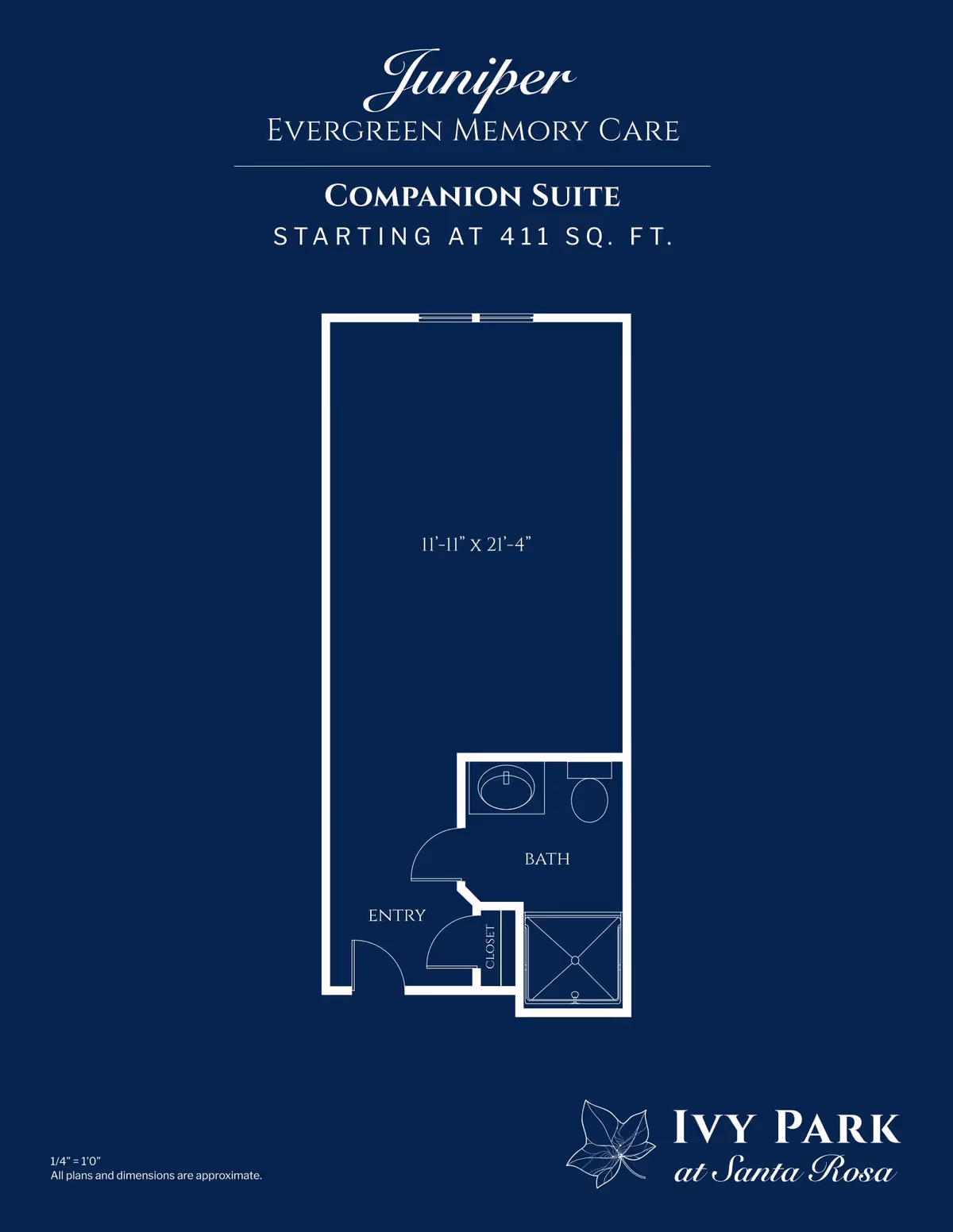 Floor plan of a companion suite at Ivy Park at Santa Rosa, showing an entry area, a closet, a bathroom with a sink, toilet, and shower, and a main living space measuring 11 feet 11 inches by 21 feet 4 inches.