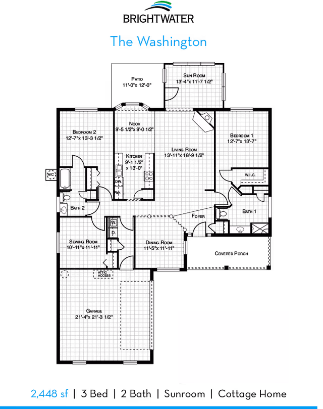 Architectural floor plan of a residential unit named The Washington, showing layout of rooms including bedrooms, bathrooms, kitchen, dining room, living room, and other spaces with measurements and labels.