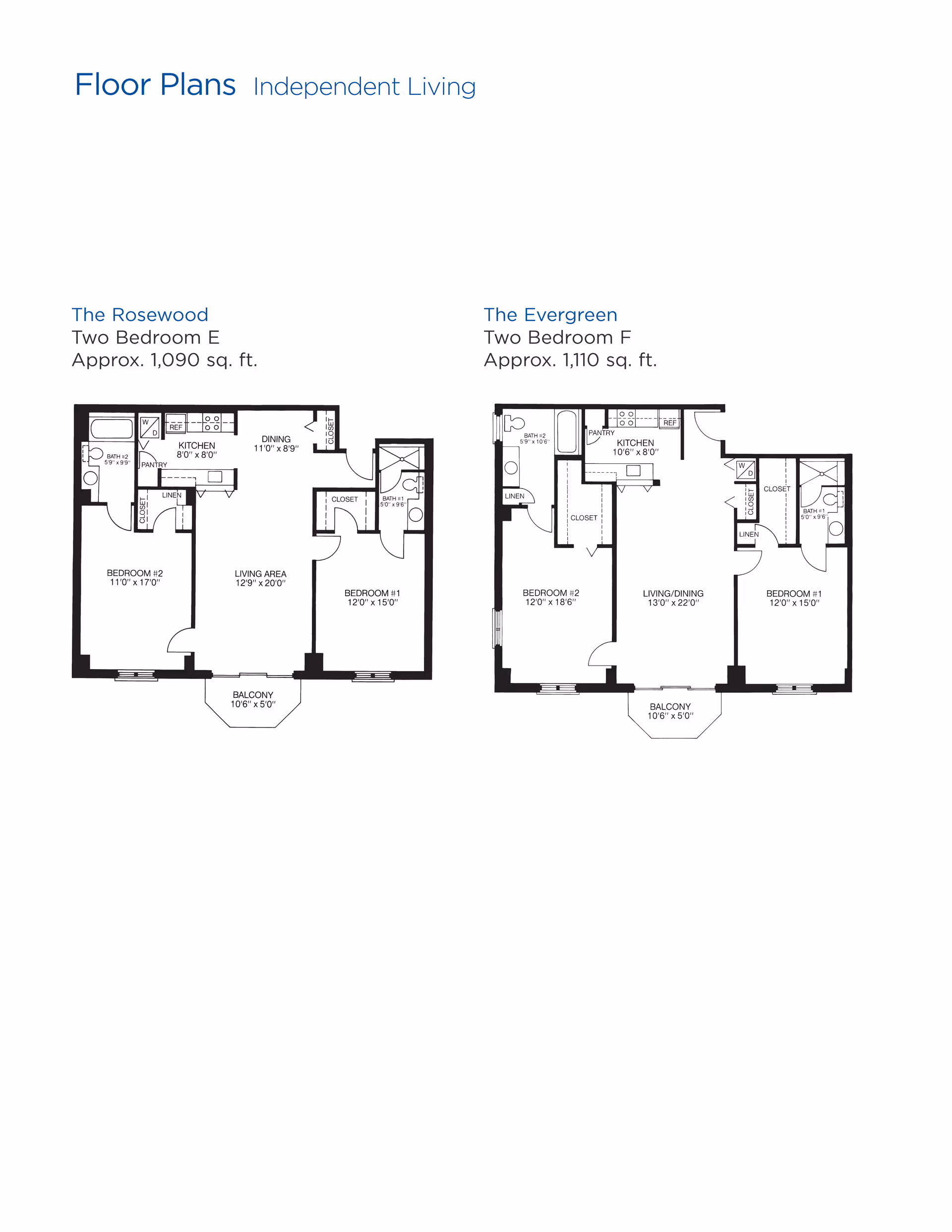 Floor plans for two independent living apartments at Brookdale University Park. The Rosewood is a two-bedroom layout with approximately 1,090 sq. ft., featuring a kitchen, dining area, living area, two bedrooms, two bathrooms, linen closets, and a balcony. The Evergreen is a two-bedroom layout with approximately 1,110 sq. ft., featuring a kitchen, living/dining area, two bedrooms, two bathrooms, linen closets, and a balcony.