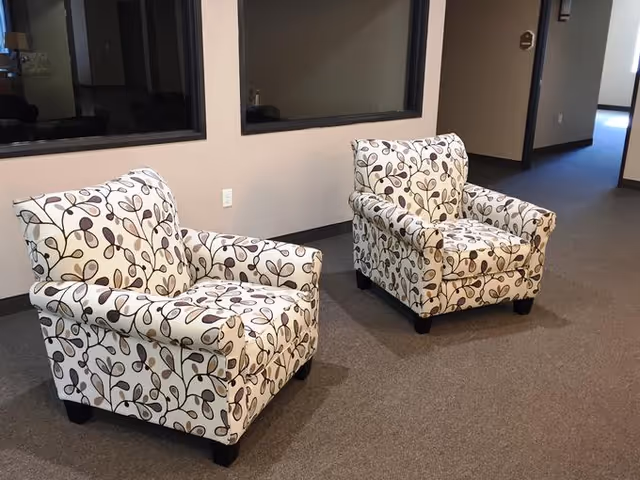 Two cushioned armchairs with a white background and a brown and beige leaf pattern are placed on a carpeted floor in a hallway or common area with beige walls and a window.