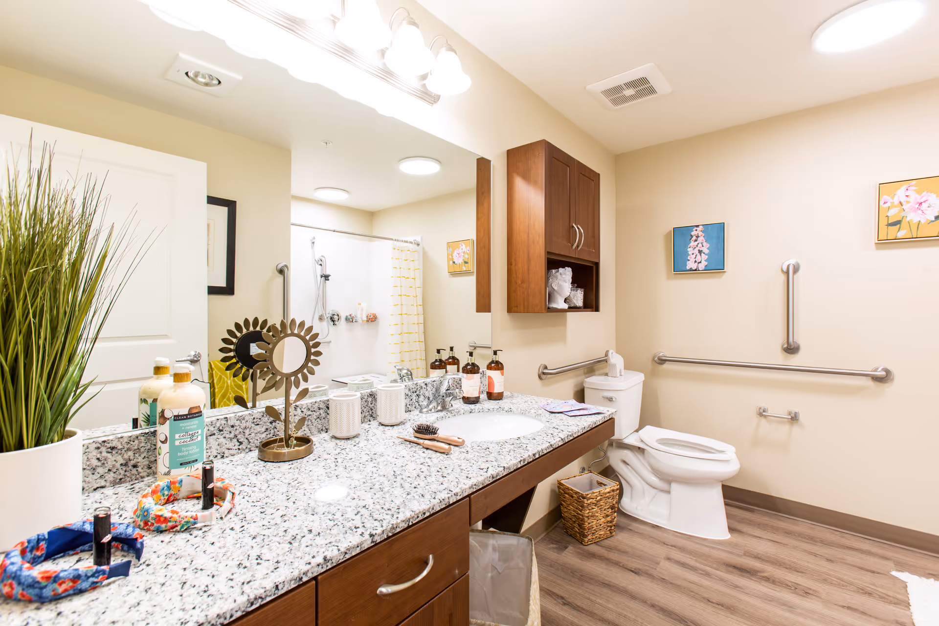 Bright accessible bathroom with a granite countertop and sink, toilet with grab bars, shower, and decorative accents.