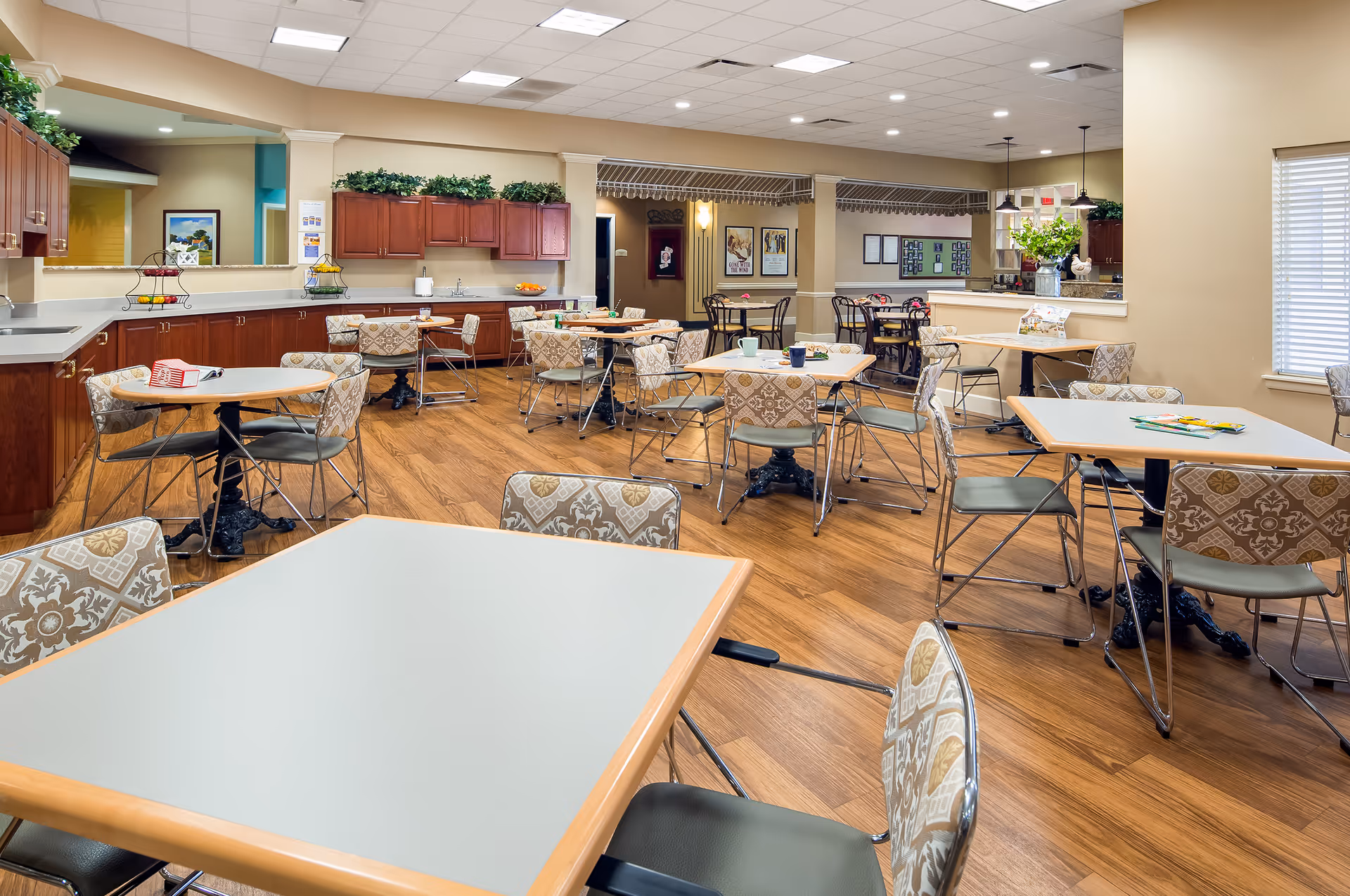 Bright communal dining room with multiple tables and patterned chairs, wooden floors, and a serving counter along the back wall.