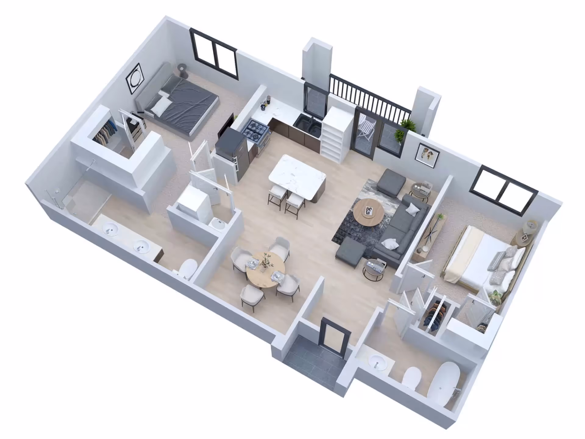 3D floor plan of a two-bedroom apartment featuring a living room with a sectional sofa and coffee table, a kitchen with an island and stools, a dining area with a round table and four chairs, two bedrooms each with a bed and closet, and two bathrooms, one with a bathtub and the other with a shower.
